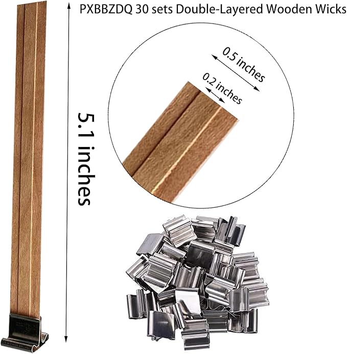 Double-Layered Wood Wicks for Candles Making, 30 Sets Wooden Wicks with Base, Wooden Candle Wick