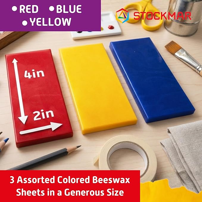 Stockmar Modelling Beeswax Sheets – 3 Assorted Colors of Natural Beeswax for Creative Sculpting, Handwork, and Artistic Projects – Ideal Arts and Crafts Supplies for Artists – Red, Blue, Yellow
