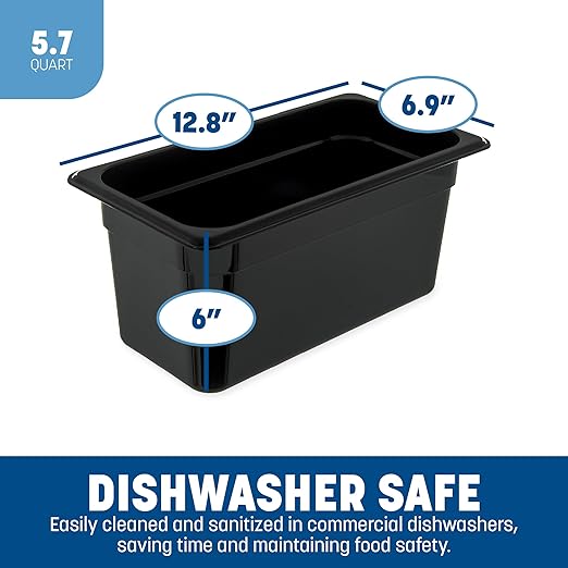 Carlisle FoodService Products StorPlus High Heat Food Pan, 1/3 Size, 6 Inches Deep, Black, 5 Litre Capacity, Plastic, No Lid