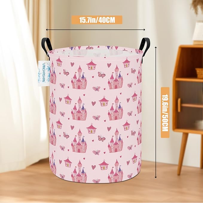 LANGYASHAN Girl Laundry Basket Canvas Fabric Collapsible Organizer Basket for Storage Bin Toy Bins Gift Baskets Bedroom Clothes Children Nursery Hamper (Pink Castle)