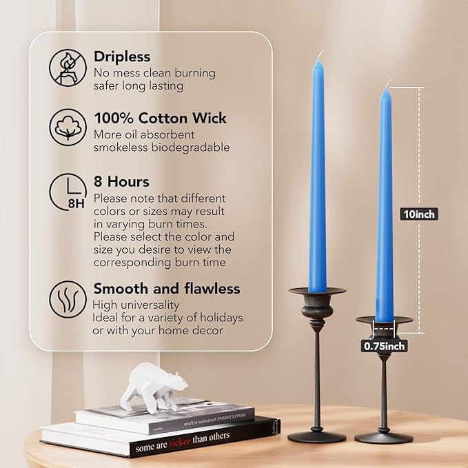 10-Inch Tall Dripless Taper Candles Set of 4 - Baby Blue Tapered Candles, Perfect for Spring - Smokeless, Unscented, Long Burning - Hand Poured, Colored Tall Candlesticks - Light Blue