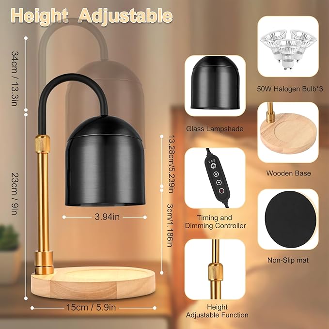 Candle Warmer Lamp with Timer & 3 Bulbs, Dimmable Electric CandleLight Adjustable Height and Brightness Candle Wax Warmer for Jar Candles Bedroom Home Decor House Warming Gift for Women (Round Black)