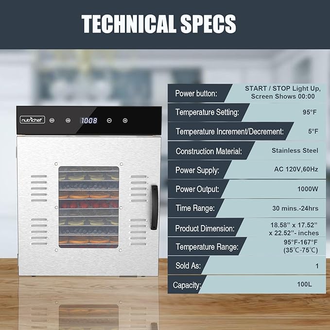 NutriChef Commercial Electric Food Dehydrator Machine - 14 Shelf Extra Large Capacity - Stainless Steel Trays - 1000-Watts, Digital Timer & Temperature Control - 18.58 x 17.52 x 22.52 IN
