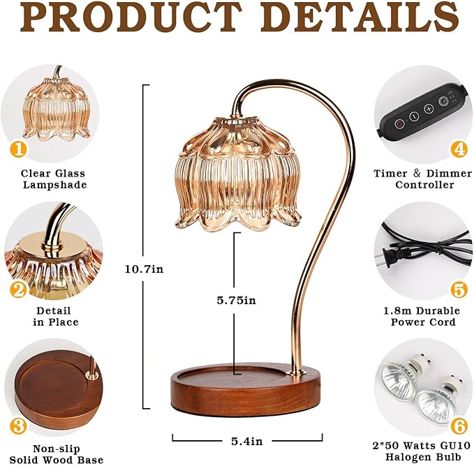 Funistree Flower Candle Warmer Lamp with Timer, Dimmable Candle Lamp Warmer, Mothers Day Birthday Gift for Women Her Mom, House Warming for New Home Decor, Lotus Wax Warmer for Yankee Candles