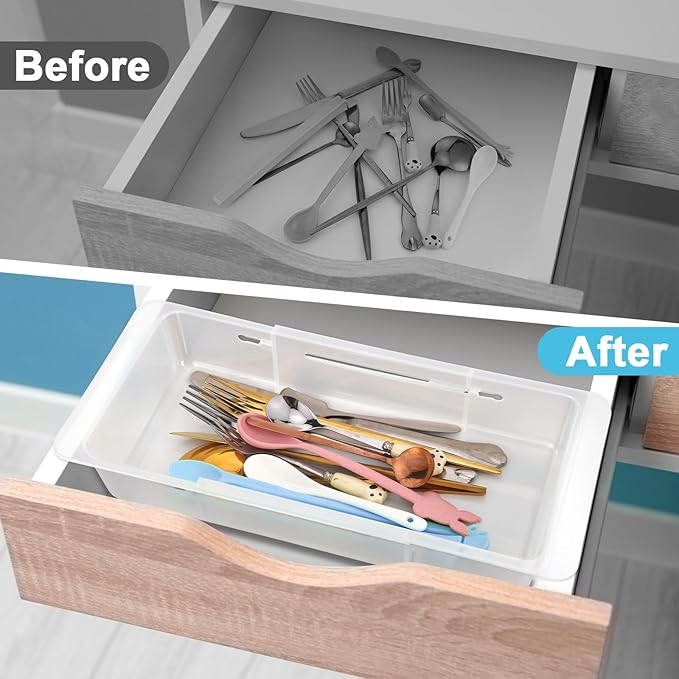 4 PCS Deep Drawer Organizer Bin Adjustable Sliding Drawer Organizers Clear Expandable Transparent Organizer Trays for Home Office Kitchen Makeup Storage Tools