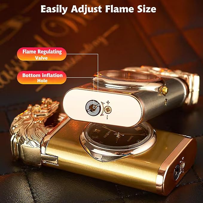 Magic Dragon Dual Flame Lighter - Windproof, Adjustable Flame, Refillable Butane Gas for Outdoor Candle - Gold