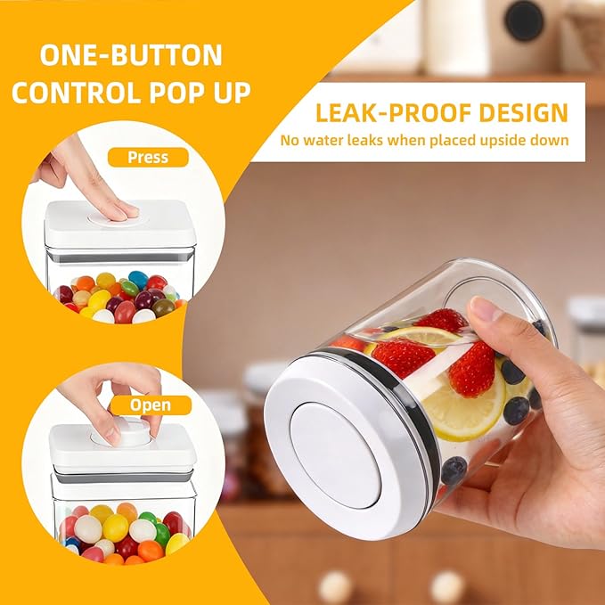 6 Pcs POP Container Set, Airtight Food Storage with Lids, Push Button Seal BPA-Free Set for Pantry, 0.65QT/0.7QT/1.8QT/2.4QT for Bulk Dry Food, Cereal, Flour, Sugar, RV Kitchen Storage
