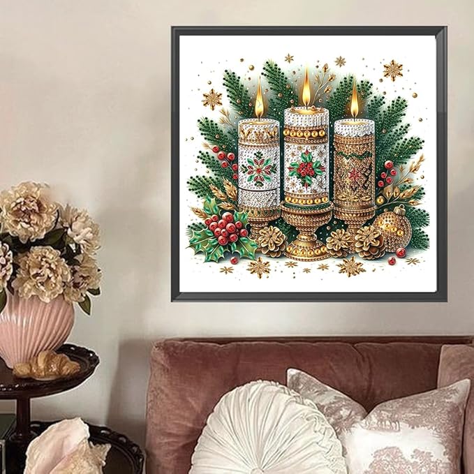 5D Christmas Candles Special Shape Diamond Art Kits for Beginners, Christmas Winter Theme Diamonds Painting Kits for Adults,DIY Crystal Rhinestones Diamond Paintings for Home Wall Decor 12×12Inch