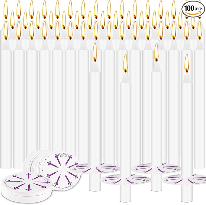 100 Pack 5 Inch White Taper Candles with Drip Protectors, Unscented Bulk Christmas Advent Church Candles for Spell Ritual, Prayer Altar Decor, Wicca Shabbat, Meditation Vigil Candle Holders