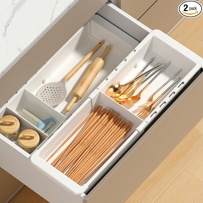 EooUooIP Sliding Drawer Tray with Adjustable Dividers, Expandable Kitchen Storage Organizer, Sliding Drawer Bin, Expandable Drawer Organizer, 2 PCS Drawer Organizer Trays For Utensils, Flatware, Junks