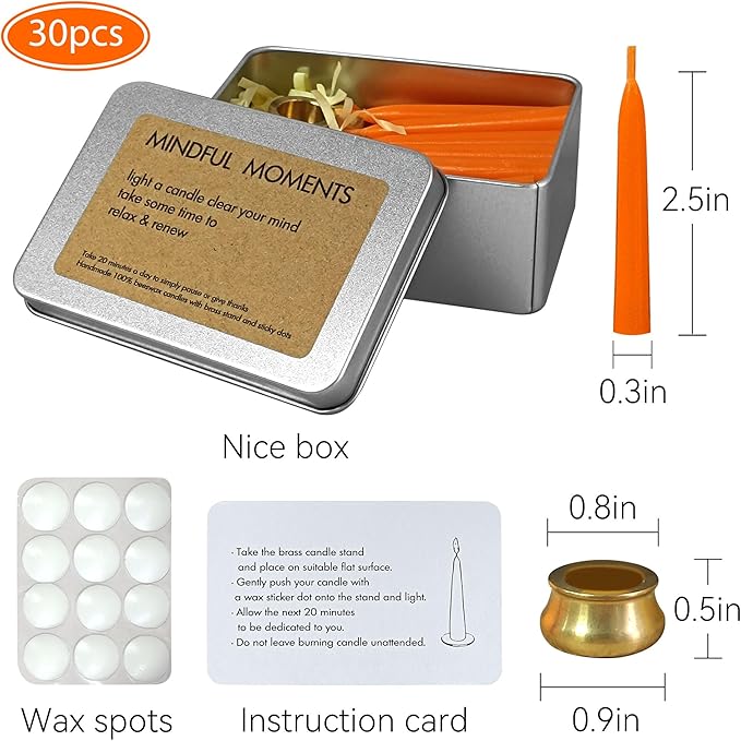 Mini Taper Candle Meditation Candles,Orange 20 Minute Prayer Candlestick Dripless Beeswax Candles with Brass Candle Holder for Yoga & Spiritual Rituals,30-ORA