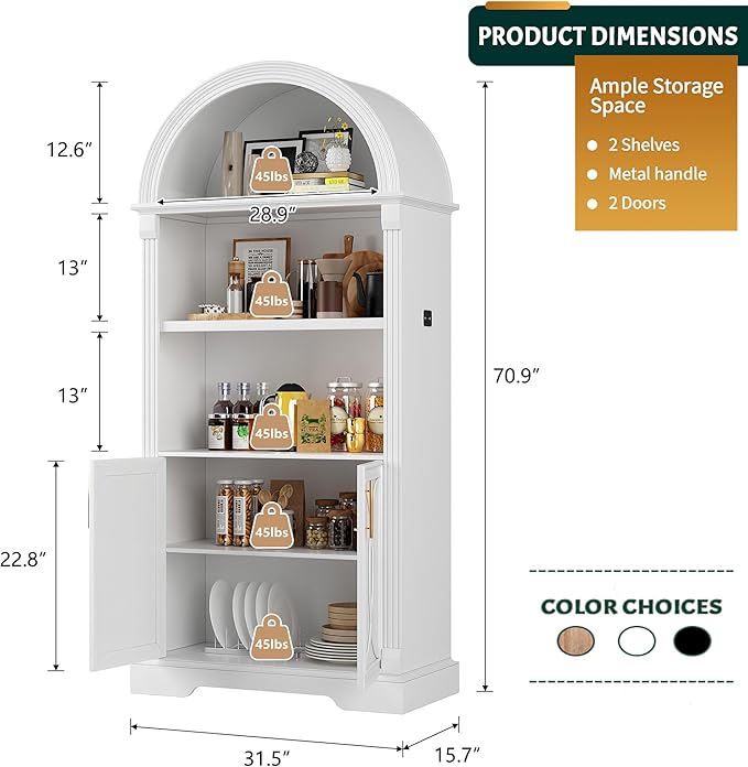 Vlsrka 71" Tall Arched Kitchen Pantry Cabinets, Wood Kitchen Storage Cabinets/Arched Bookshelf/Bookcase,China Cabinet with Open & Adjustable Shelves, Induction LED Light (White 2 PCS)