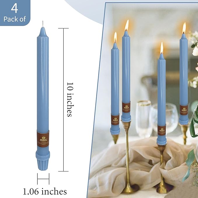 Dusty Blue Candlesticks 10 Inch Handmade Dripless Taper Candles Unscented Colored Candle Set, Pack of 4 - Up to 8 Hours Burn