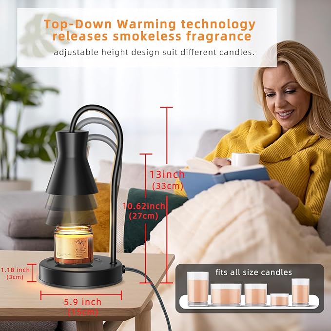 LALISU Candle Warmer Lamp with Timer and Dimmer, Vintage Electric Melter Candle with 2 Bulbs, Melter Scented Height Adjustable Compatible with Jar Candles, House Warming Gifts (Black)