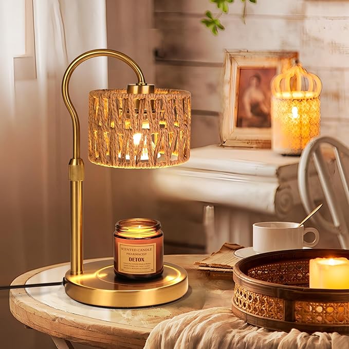 Candle Warmer Lamp,Adjustable Height with 2 Bulbs，Boho Rattan Candle Lamp with Dimmer & Timer, Flameless Fragrance Diffuser for Scented Wax Melts, Mothers Day and Birthday Gifts for Home, Office