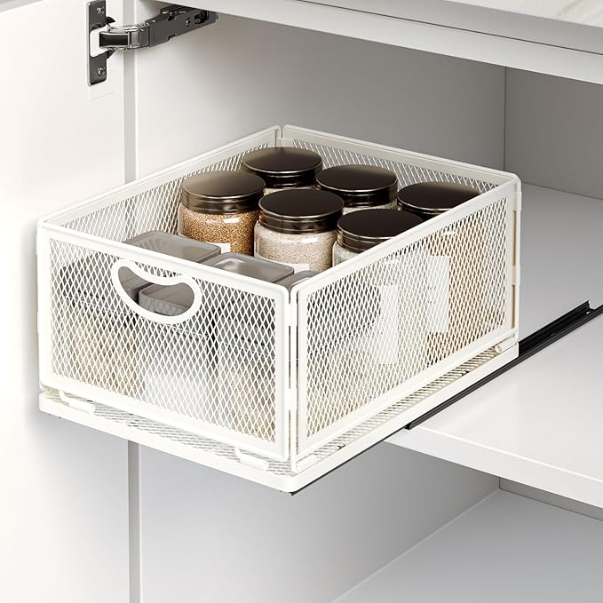 Pull Out Cabinet Organizer, No Drill Adhesive Sliding Drawers for Kitchen, Metal Mesh Wire Storage Shelf for Pantry & Under Sink, White (9.6" W x 11.8" D x 6.1" H)