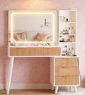 Vanity Desk with Mirror and Lights, Makeup Vanity Desk with Power Outlet, Makeup Desk with 5 Drawers Storage Shelves, Vanity Table 3 Color Modes Adjustable Brightness Dressing Table Set for Bedroom