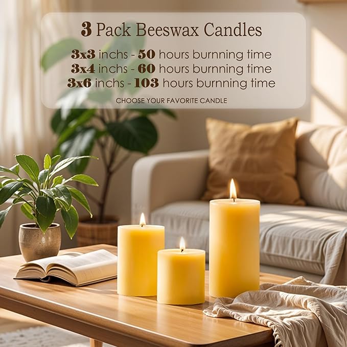 3 Pack Beeswax Candles - 3x3inchs Emergency Candles, Beeswax Pillar Candles 150 Hours Long Burning, Organic Unscented Dripless Smokeless Bees Wax Candle Bulk for Home Paryer Party (3x3in)