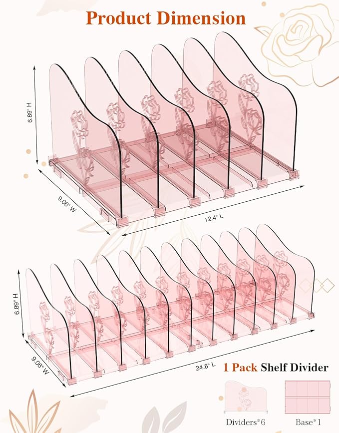 Adjustable Rose File Organizer for Desk, Vertical File Folder Holders for Magazines, Upright Desktop Binder Organizer, Clear Paper Bookshelf Divider File Sorter for School Office Supplies