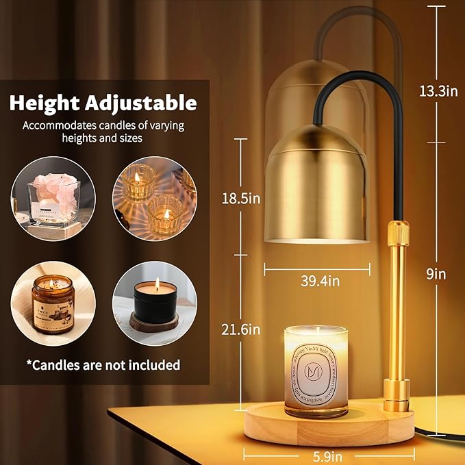 Candle Warmer Lamp Dimmable with Timer and 3 Bulbs, Adjustable Height & Brightness, Electric Candle Wax Warmer for Jar Candles, House Warming Gifts New Home Decor (Round Gold)