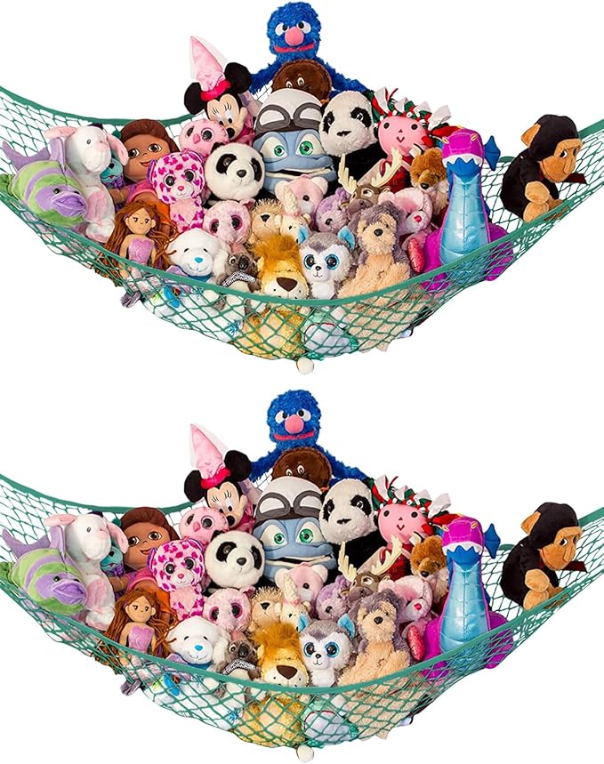 Lilly's Love Stuffed Animal Hammock | Corner Hanging Organizer, Toy Storage, Stuffed Animal Storage Net | Made from Quality Fishing Net, Holds 12lbs | 67"x47"x47" (Green, 2 Pack)