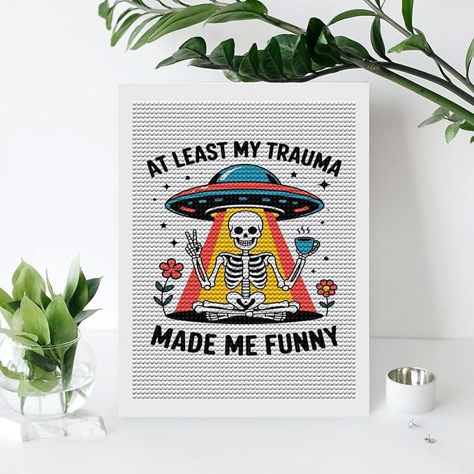 KIVJMSIDJA Skull Skeleton “At Least My Trauma Made Me Funny” Diamond Art Kits for Adults for Beginners, 5D Full Diamond Art Paint 12"x16"