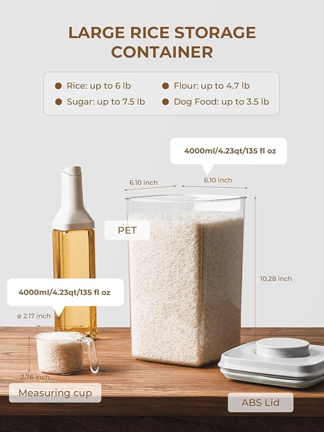 Airtight Food Storage Containers with One-Hand Pop Lid, 4-Pack 4.22Qt Large Modular Organizers with Measuring Scoops, BPA-Free Containers for Rice, Flour, Baking Supplies, Snacks & Laundry Pods
