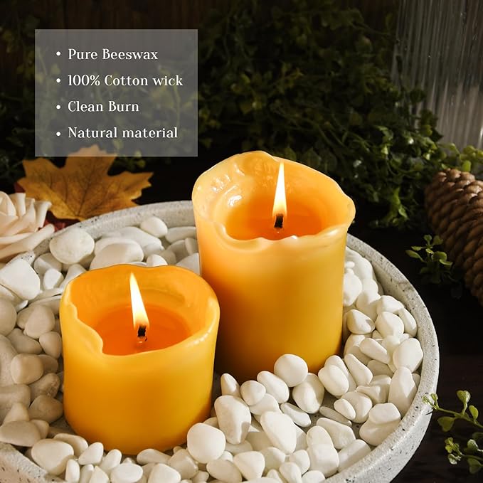 3 inch Wide Natural Yellow Beeswax Pillar Candles - 3 Pack - 100% Pure Beeswax Candles 4 inch in Height, Long Burning, Unscented Smokeless & Dripless, for Emergency, Prayer, Home Decor, Relaxation