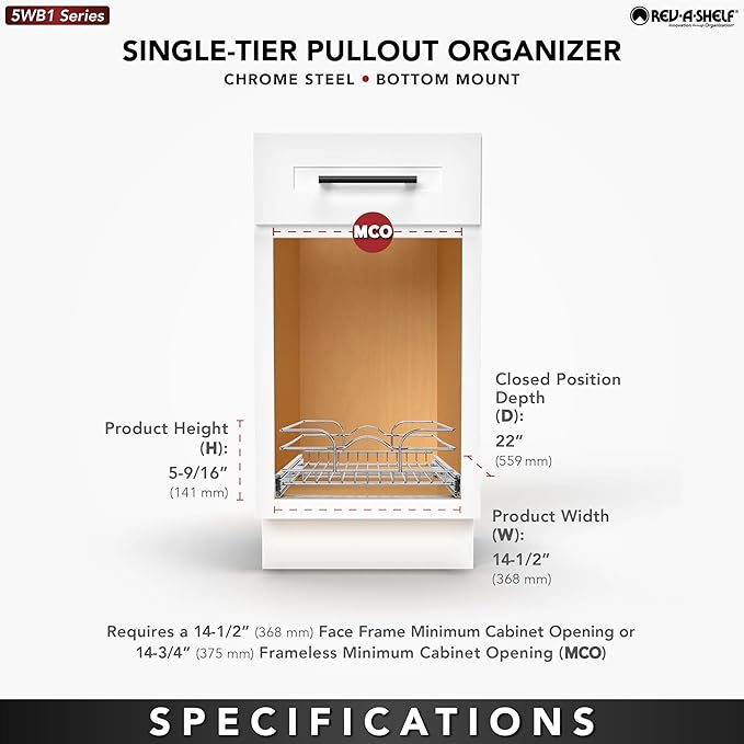Rev-A-Shelf Kitchen Cabinet Wire Pullout Shelf and Drawer Organizer Pantry Storage with Basket and Mounting Hardware, 15 x 22 In, 5WB1-1522CR-1