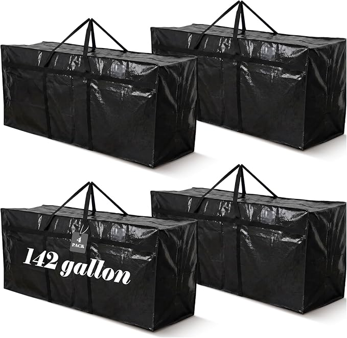 Windyun 4 Pack 142 Gallon Extra Large Moving Bags XXL Heavy Duty Storage Bag with Strong Zipper Handle Jumbo Big Tote Box Foldable for College Dorm Travel Clothes Duffle Blanket Pillow(Black)