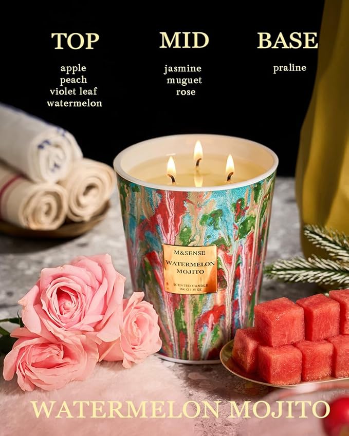 M&SENSE Large Watermelon Scented Soy Candle, 35oz 150 Hours 3-Wick Clean Burning, Natural Spring Candles Party Essential, Family-Friendly Housewarming Gift & Home Fragrance