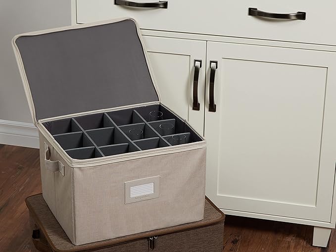 Covermates Cup and Mug Storage Box with Dividers, Stackable Organizer for Coffee Mugs & China Cups, Heavy-Duty Polyester with Handles, Zipper Closure & ID Window, Beige Heather