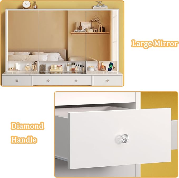 HUAHUU Vanity Desk with Mirror and Lights, 50" Makeup Vanity with Glass Top & Power Outlet, White Vanity with 11 Drawers & 8 Hidden Storage Shelves, 3 LED Lighting Modes Adjustable for Bedroom