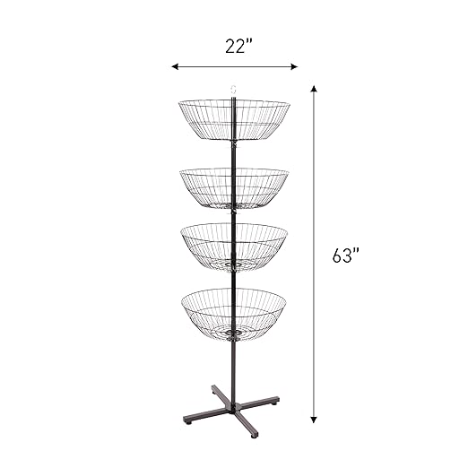 SSWBasics 4-Basket Wire Floor Spinner Rack and Dump Bin (63”H x 22”D) - Each Basket is 8”D x 22” Diameter - Great for Retail, Thrift, and Convenience Stores, Plus Home Organization