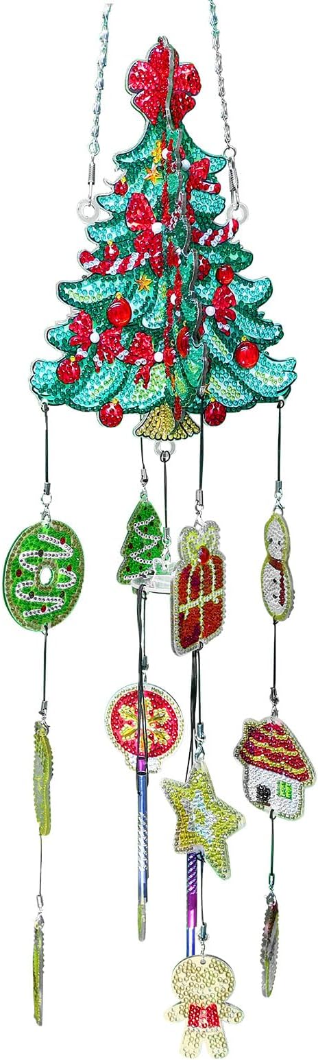 Diamond Dots Christmas Tree Wind Chimes Hanging Ornaments DIY Kits 5D Christmas Tree Diamond Art Painting Wind Chime Hanging Pendant Double Sided Special Shaped Gem by Number Yard Office Window Decor