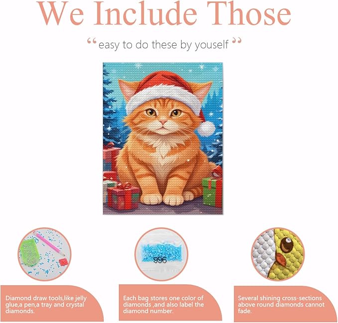 QZOTRXI Christmas Cat Diamond Painting Kits, Cat Winter Diamond Art Kits for Adults, Animal 5D Diamond Art Painting, DIY Round Diamond Dot for Home Wall Decor Gifts 16x20 Inch