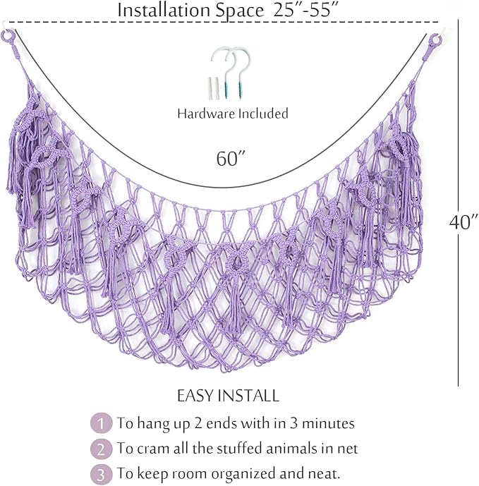 Stuffed Animal Net or Hammock for Flat Wall Hanging Net for Stuffed Animal Storage Handmade Macrame Plush Toy Hammock(Purple)