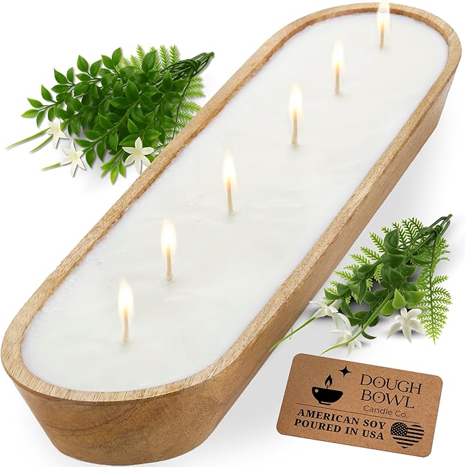 Dough Bowl Candle Co. Honeysuckle Jasmine Soy Candle - 6 Wick Rustic Farmhouse Coffee Table Decor, Odor Eliminator in Wooden Bowls, 32 Oz Wooden Dough Bowl Candle, All-Natural Gifts for Women or Men