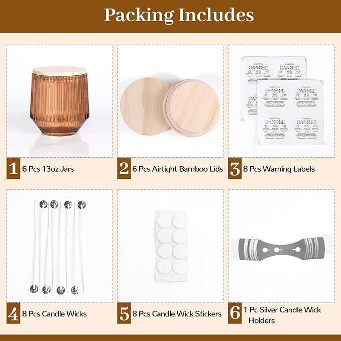 simeitol 13 OZ Candle Jars for Making Candles - 6 Pack Terracotta Ribbed Glass Candle Jars, Candle Making Jars, with Bamboo Lids and Candle Wick Kit, Candle Vessels Bulk for DIY