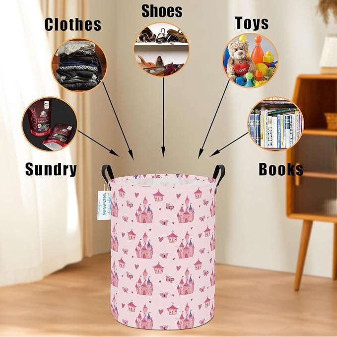 LANGYASHAN Girl Laundry Basket Canvas Fabric Collapsible Organizer Basket for Storage Bin Toy Bins Gift Baskets Bedroom Clothes Children Nursery Hamper (Pink Castle)