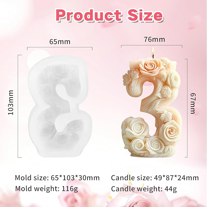 Flower Number 3 Silicone Candle Mold, Decorative Floral Number Candle Mold for Wax and Resin Crafting
