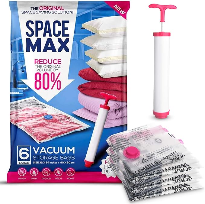 Large 6 Pack | SPACE MAX Premium Space Saver Vacuum Storage Bags - Save 80% More Storage Space - Reusable, Double Zip Seal & Leak Valve, Includes Travel Hand Pump