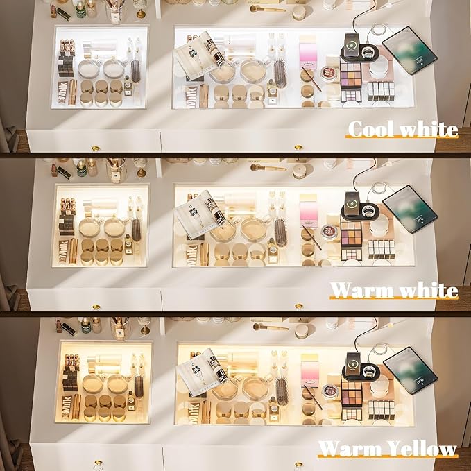 Vanity Desk with Mirror and Lights, Modern Glass Top Makeup Vanity Set with Power Outlet, Drawers and Cabinet, 3 Lighting Color Adjustable Dressing Table for Bedroom
