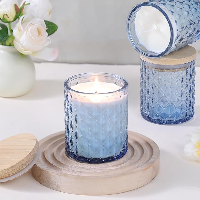MATAHUM 8 Pack Blue Candle Jars for Making Candles, 7 OZ Empty Glass Candle Making Jars with Bamboo Lids for Candle Making Supplies, Candle Containers Vessels for Home DIY Decoration