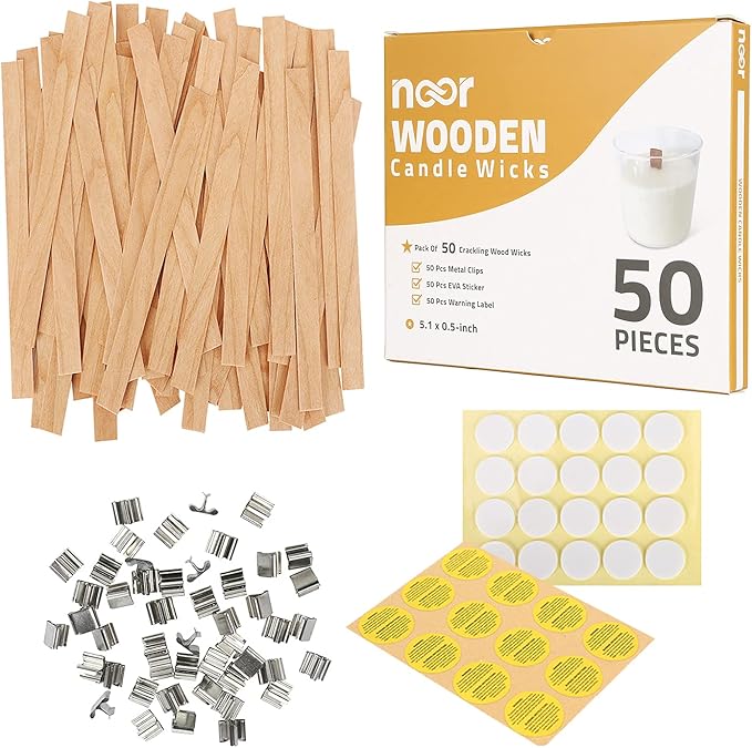 NOOR Crackling Wooden Wicks for Candles - Pack of 50 Pcs 5.1 x 0.5 inch Wood Wicks with Metal Sustainers, EVA Stickers and Warning Labels - Eco-Friendly Wooden Candle Wick