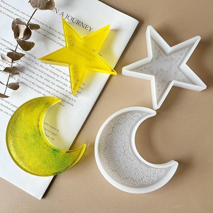 Konrisa 2pcs Star Moon Candle Molds, Silicone Resin Casting Mold for Candles Making Aromatherapy Candles Handmade Wax Home Decoration