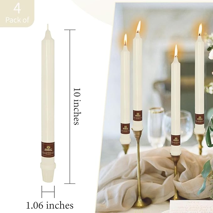 Ivory Candlesticks 10 Inch Handmade Dripless Taper Candles Unscented Colored Candle Set, Pack of 4 - Up to 8 Hours Burn