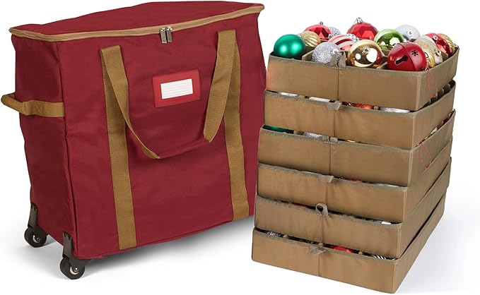 Covermates Keepsakes Rolling Adjustable Ornament Storage Bag – Heavy-Duty Polyester, FlexGrid Trays & Padded Dividers – Protective Holiday Organizer with Wheels, Handles & ID Window, Red