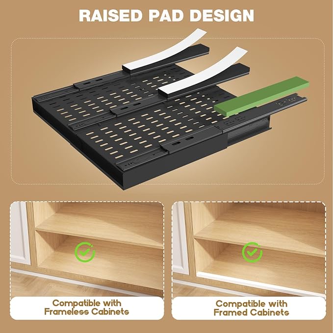 4 Pack Pull Out Cabinet Organizer With Raising Pad for Framed Cabinets,Expandable Width (13"-21") and Depth (17"-24"),3 Slide Rails Slide Out Drawers with Handle,No-Drill Roll Out Shelf,Black
