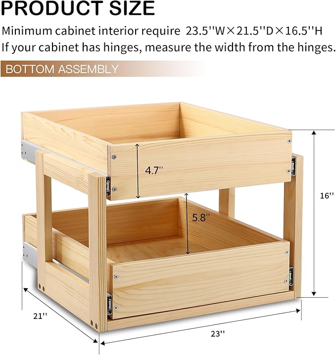 Mulush Pull Out Cabinet Organizer, 23''W×21''D×16''H Soft Close Slide Out Wood Drawer Shelves Storage for Kitchen, 2-Tier, Finished, Heavy-Duty, Bottom Assembly